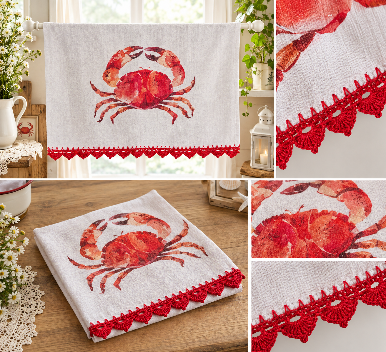 Serviette, essuie mains,  le crabe rouge, bordures crochetées main
