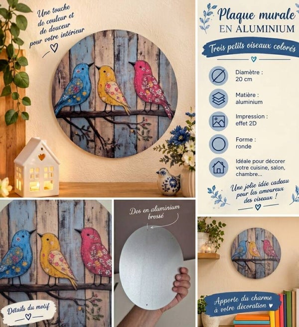 Plaque ronde aluminium Les 3 oiseaux