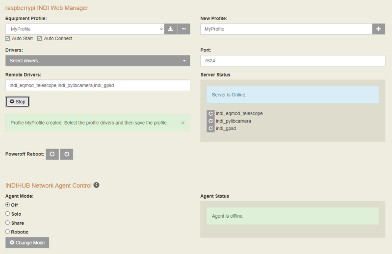 INDI Web manager after configuration