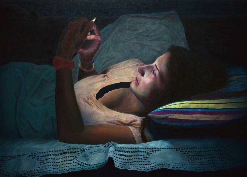 Smartphone light, oil on canvas, 70x100 cm, 2015. Sold
