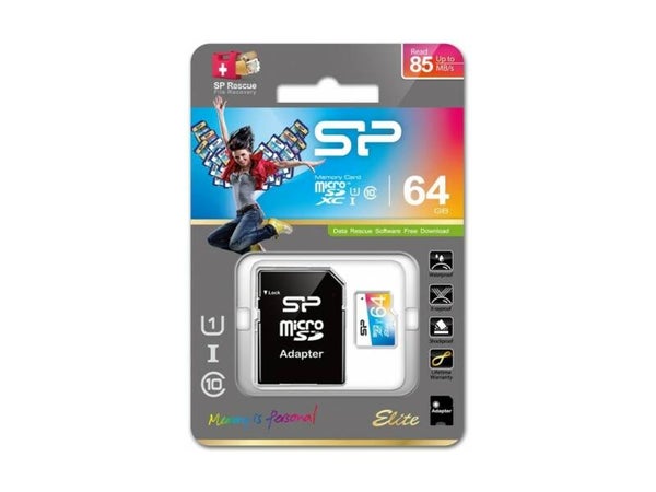 64GB SD kaart - Silicon Power Elite Micro SDHC incl. SD Adapter UHS-1 Class 10 Color