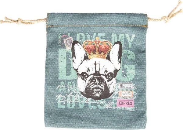 Toilettas / Make-up zakje met Hond – Canvas – Blauw*Groen – Trekkoord – Handig Opbergzakje