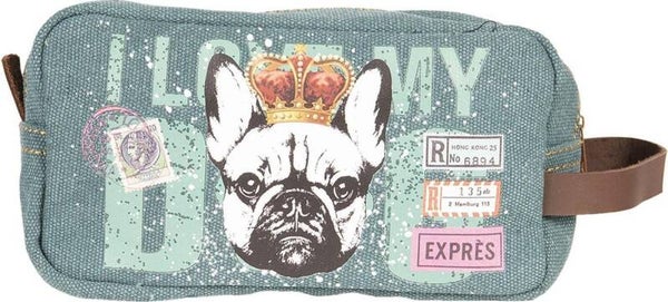 Toilettas / Make-up tas / Pennenzak met Hond – Canvas  – Compact & Praktisch