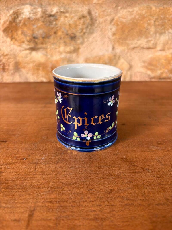 Pot à épices ancien en faïence émaillée bleu cobalt