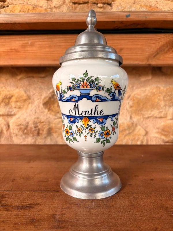 Pot d’apothicaire décoratif « Menthe » – porcelaine et étain