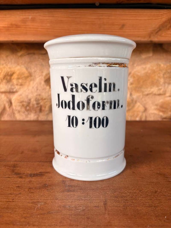 Pot d’apothicaire ancien en porcelaine – « Vaselin. Jodoform. »