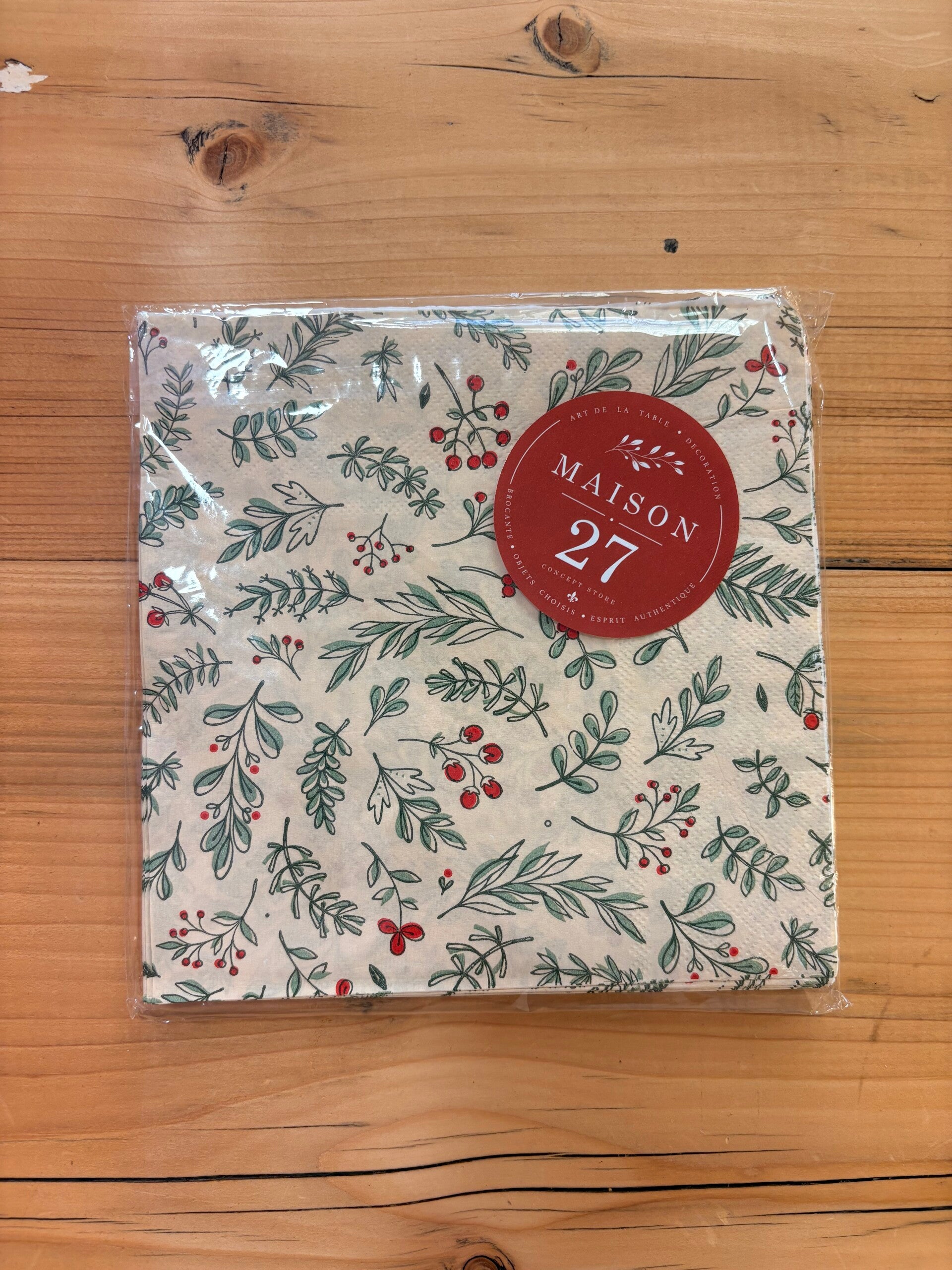 Lot de 20 serviettes en papier à motifs végétaux et baies rouges