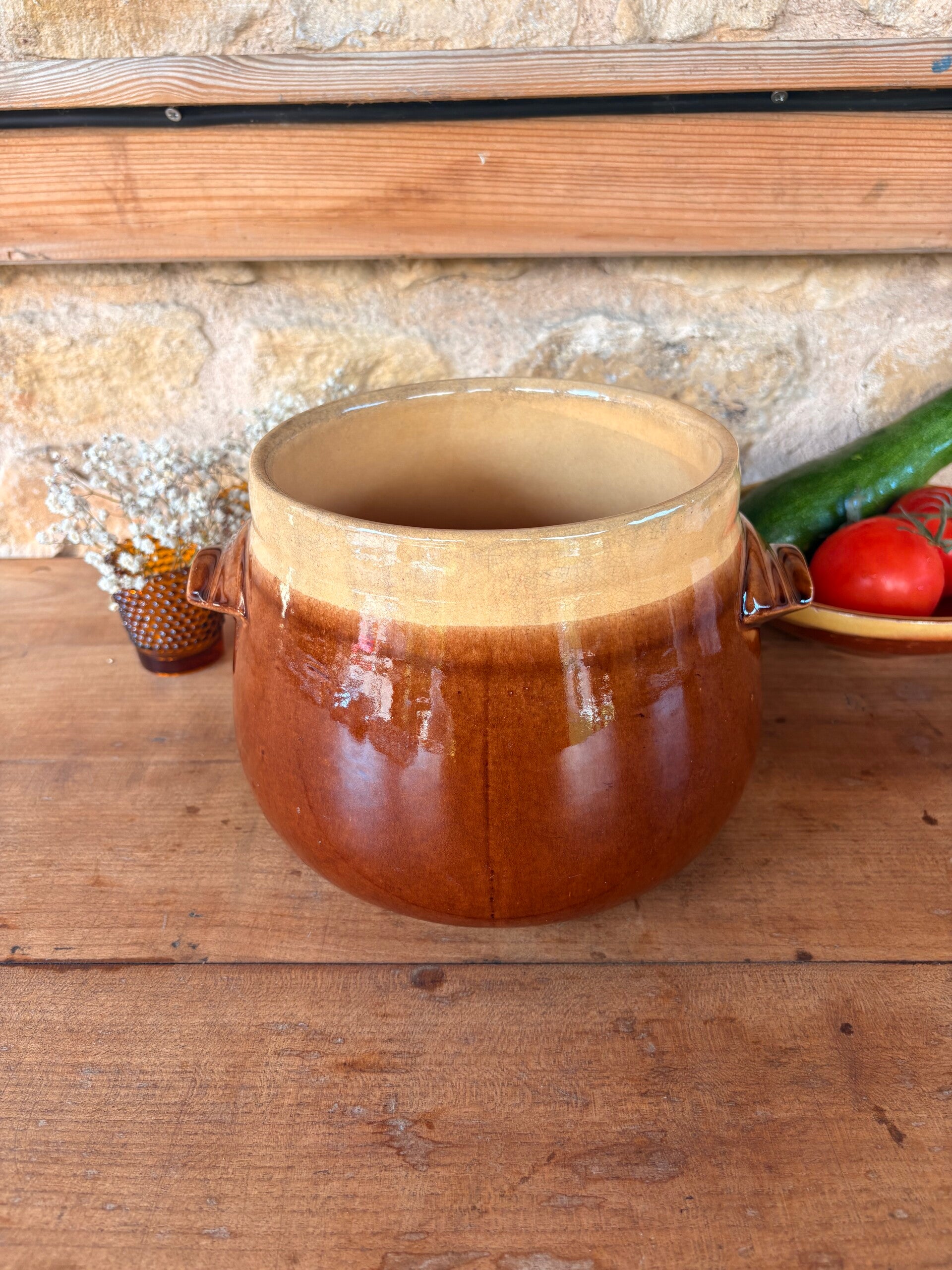 Grand pot ancien en grès émaillé – brun & beige