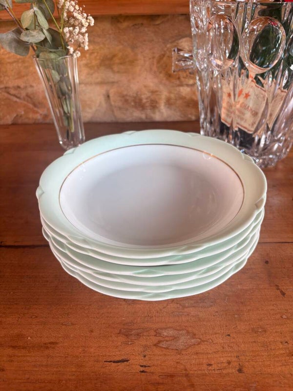 Lot de 6 assiettes creuses anciennes Limoges A. Lanternier – vert céladon & dorure