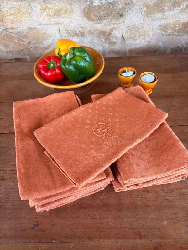 Lot de 11 grandes serviettes de table anciennes – damassé terracotta et monogramme
