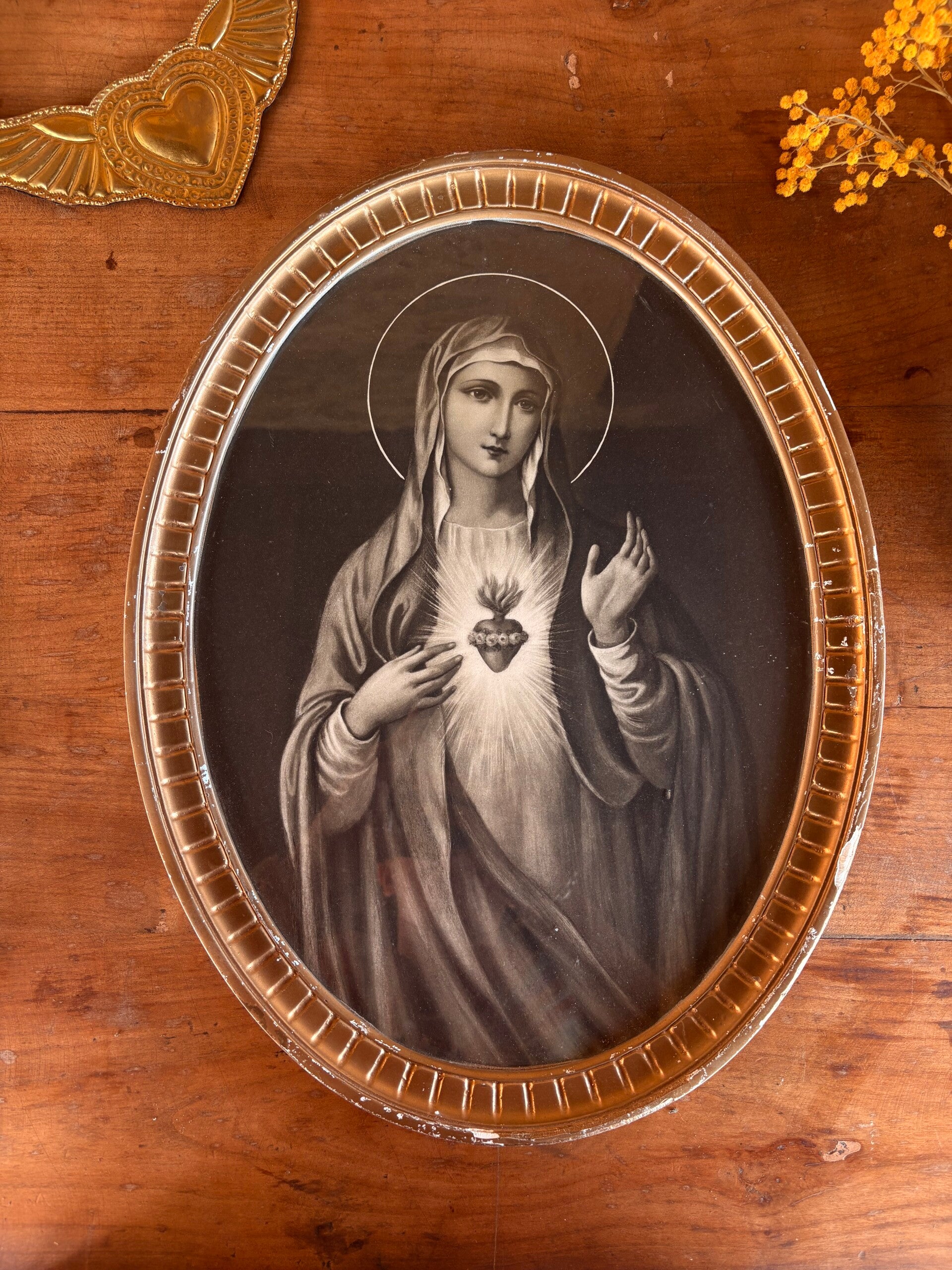 Ancien cadre religieux ovale – Vierge au Sacré-Cœur