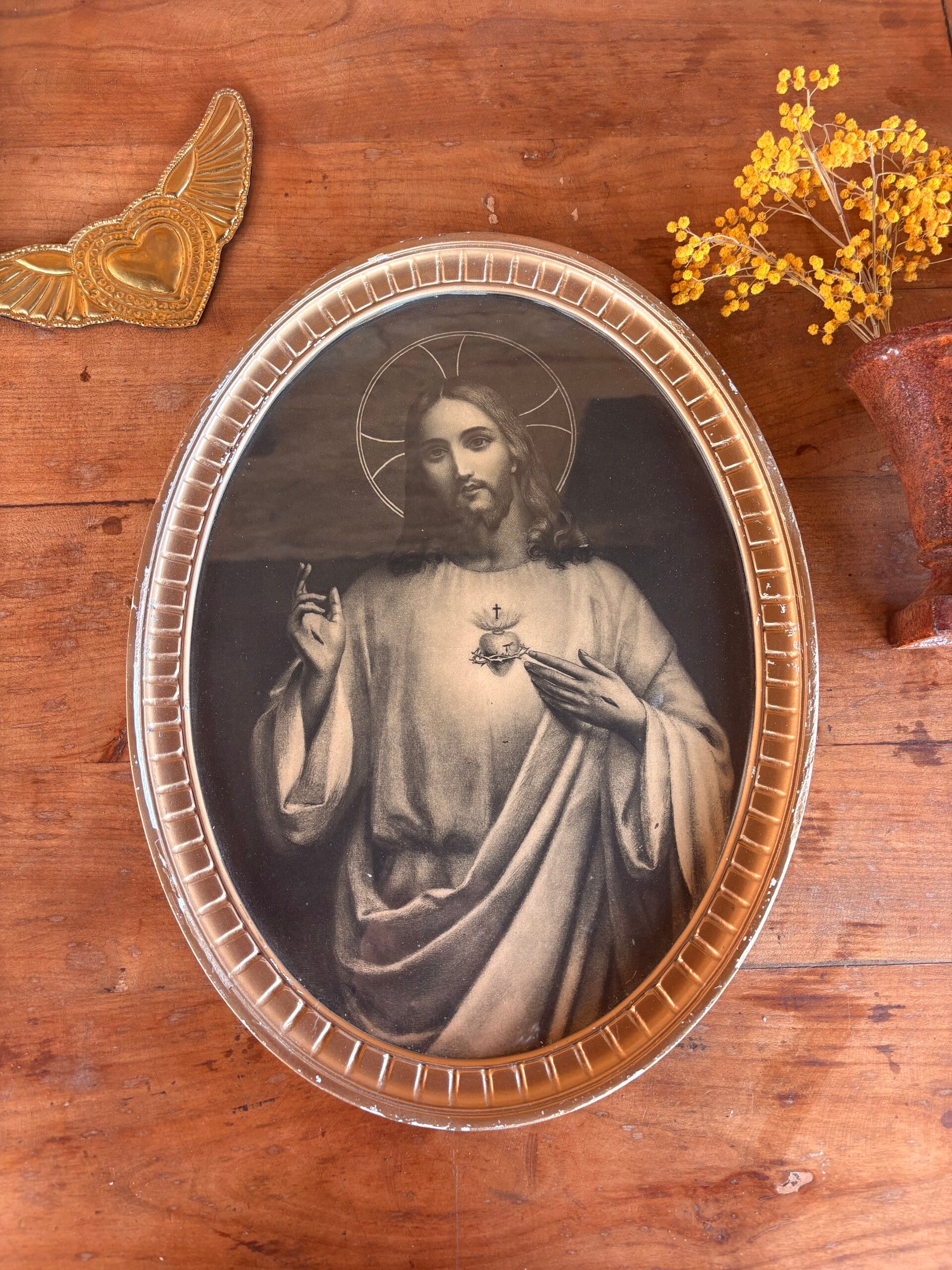 Ancien cadre religieux ovale – Jésus au Sacré-Cœur