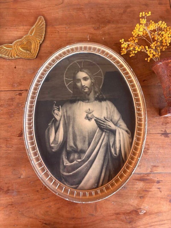 Ancien cadre religieux ovale – Jésus au Sacré-Cœur