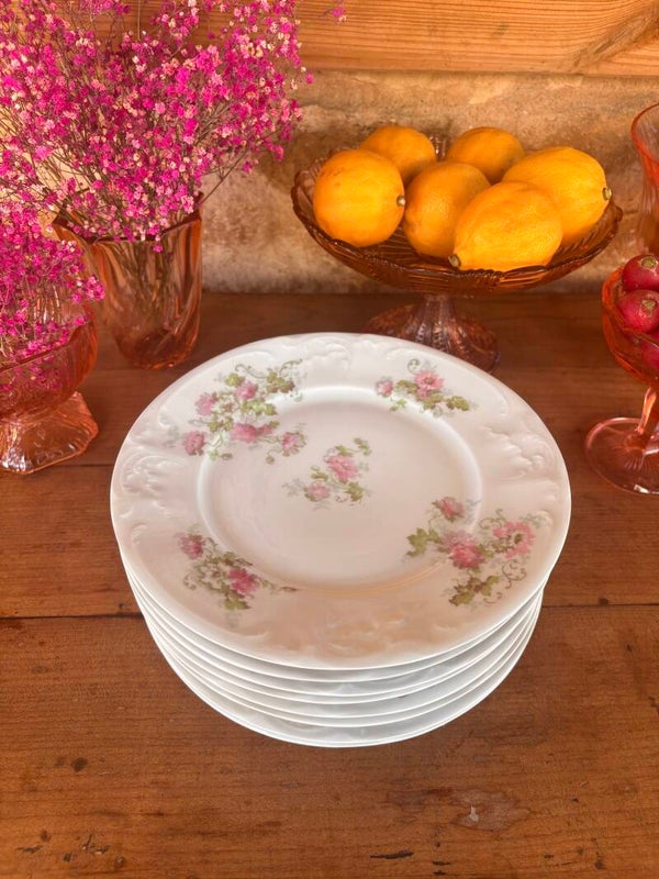 Lot de 8 assiettes anciennes en porcelaine française – décor floral rose
