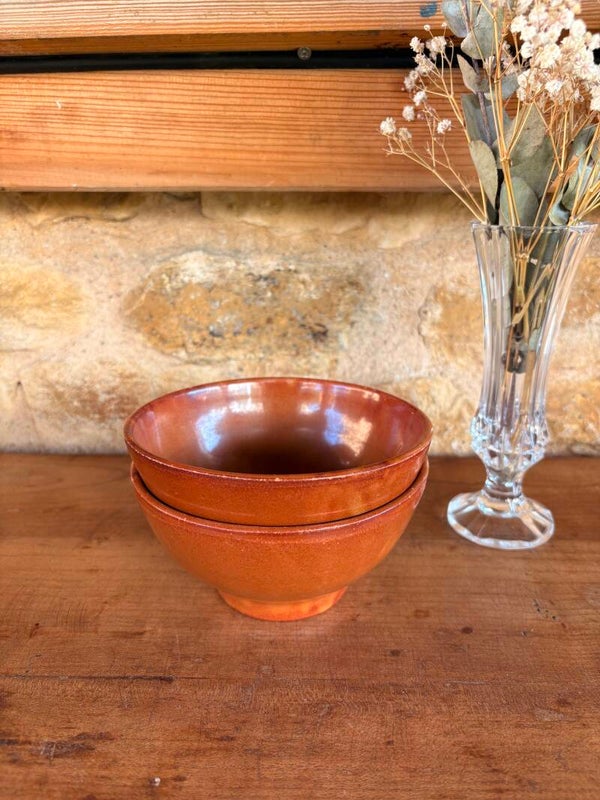 Paire de bols vintage en grès émaillé – brun orangé