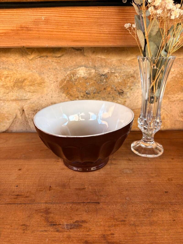 Bol vintage en céramique émaillée marron et blanc
