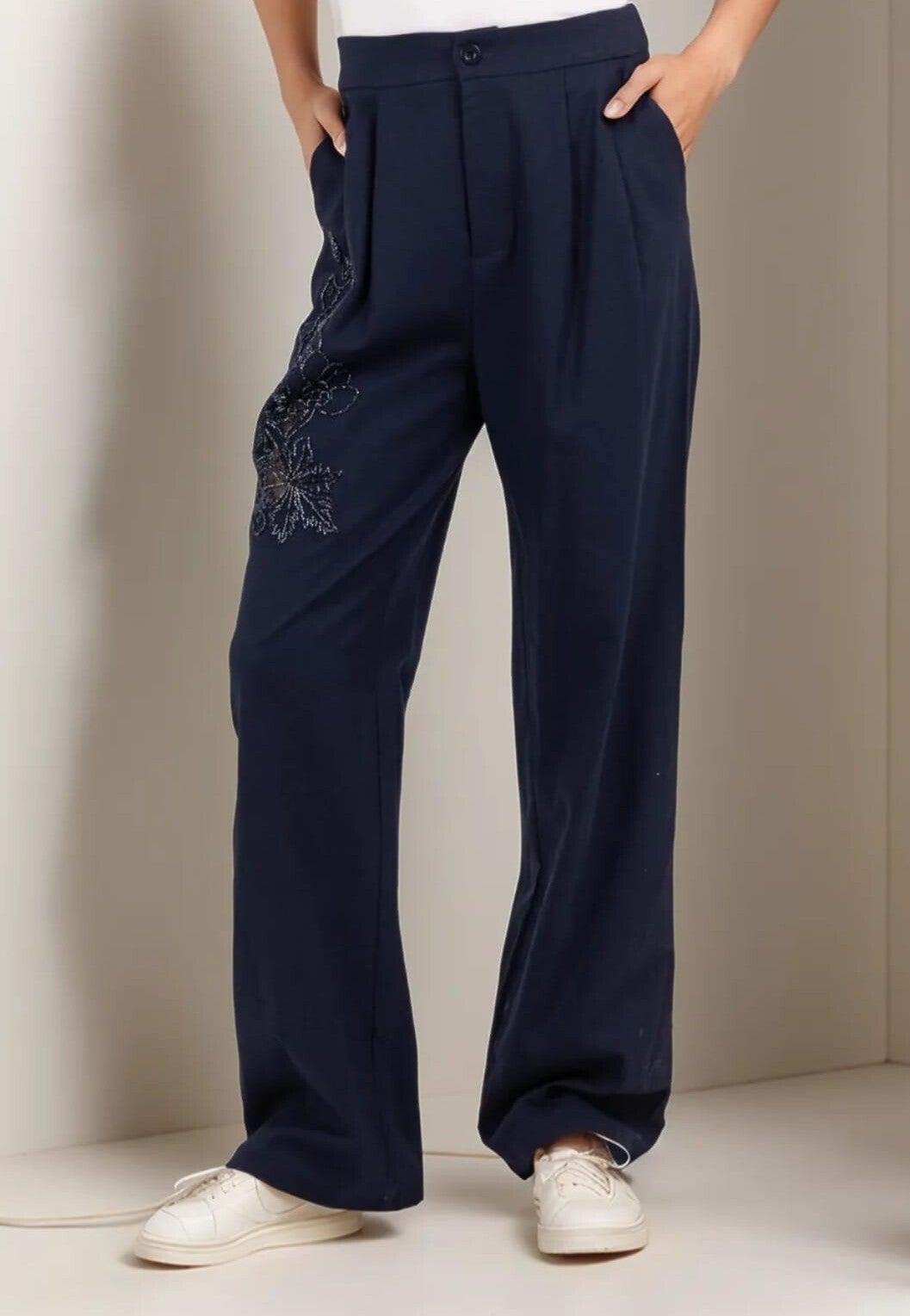 Amy Wijde broek met pareltjes - Marine blauw