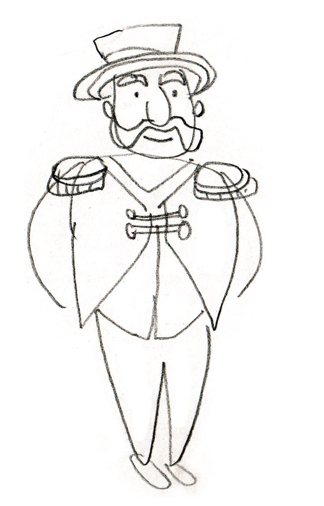 schets in potlood van een circusdirecteur