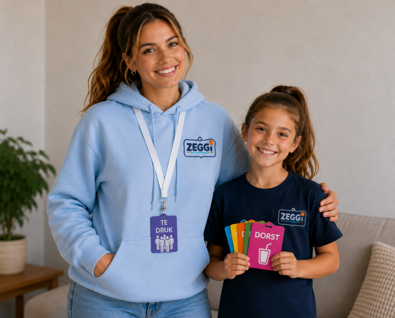 Kind en volwassene gebruiken ZEGGI communicatiebadges