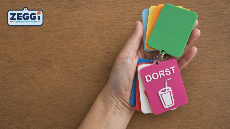 Hand met ZEGGI communicatiebadges voor behoeften en gevoelens
