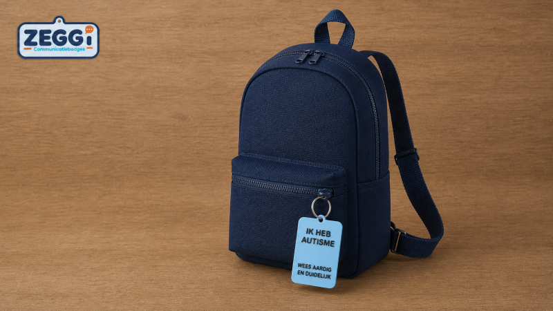 ZEGGI communicatiebadge bevestigd aan een rugzak