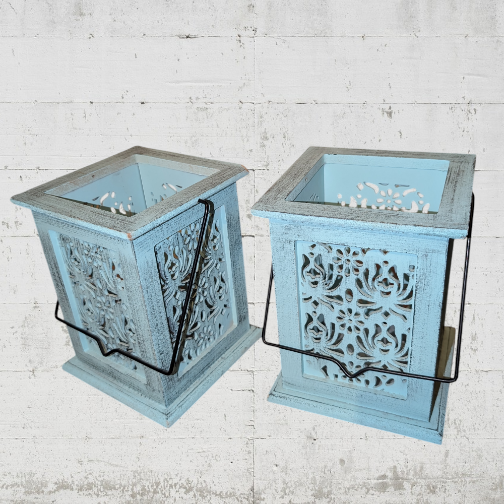Sfeervol Duo Windlichten – Shabby Chic Blauw met Bloemmotief