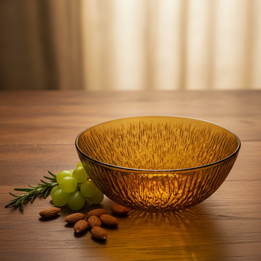 Uitverkocht Vintage Amberkleurige Glazen Schaal – Boomschors Reliëf – Retro Jaren '70