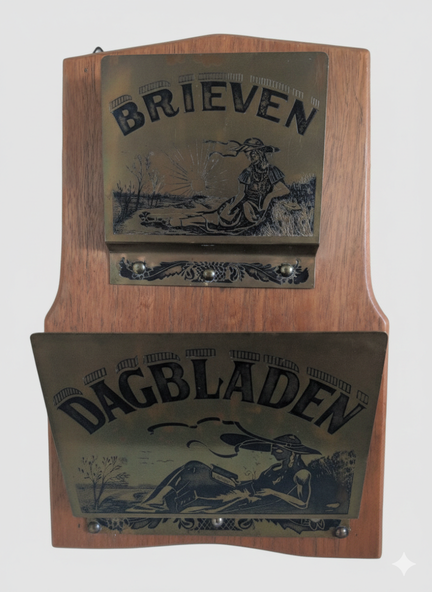 Authentieke Vintage Wandhouder – Messing & Hout – Voor Brieven & Dagbladen 40x26cm