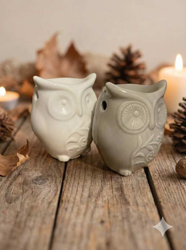 Set van 2 Keramieken Uilen-Geurbranders – Wit