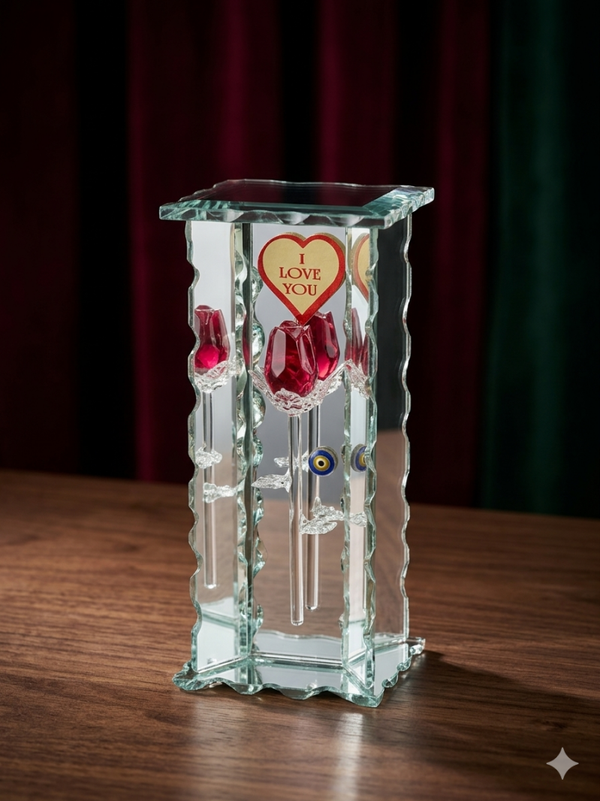 Glazen Roos in Sierlijke Spiegelstandaard - Een Tijdloos Geschenk voor de Liefde