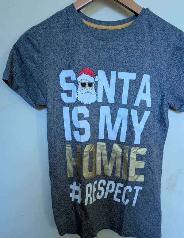 Kerst T-shirt grijs  maat 152 met coole Santa opdruk