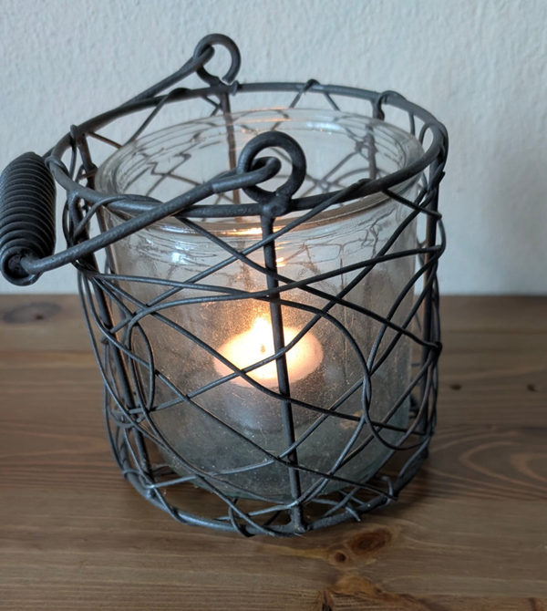 Glazen windlicht met metalen draadwerk 12 cm