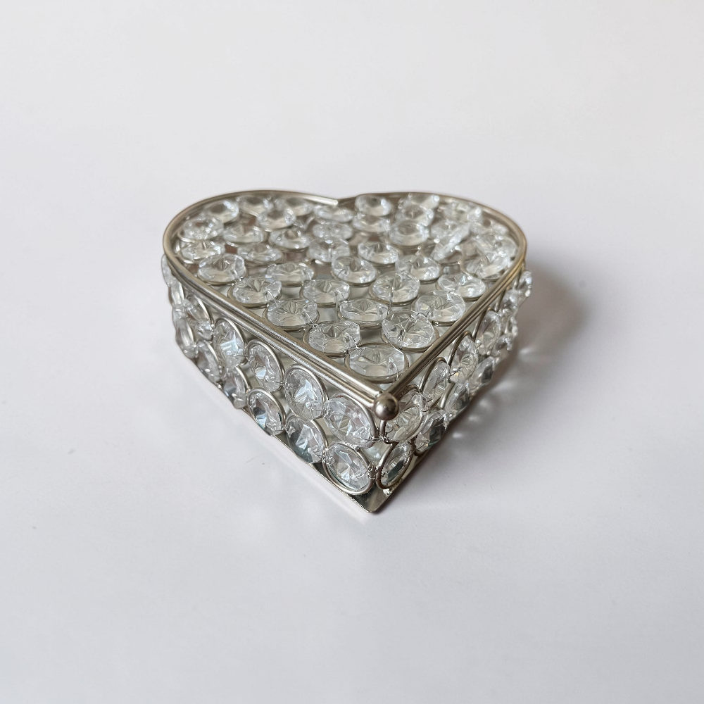 Elegante Sieradendoos Hart – Zilverkleurig met Kristallook & Spiegelbodem