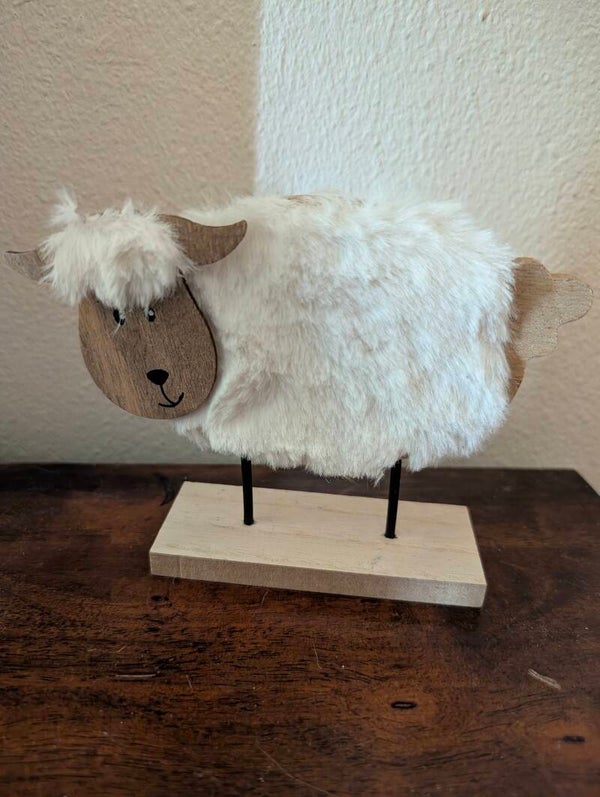 Houten schaapje decoratie met zacht bont 11 cm