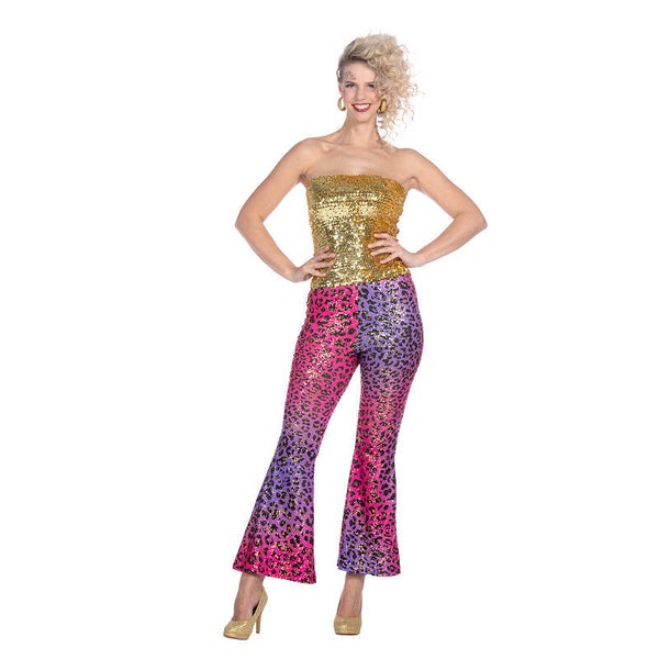 Dames Disco, Glitter & fout: Hippiebroek panter sparkle paars/roze