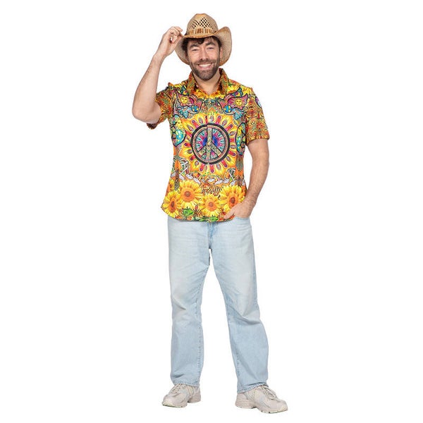 Heren Disco, Glitter & Fout: Party shirt hippie zonnebloem
