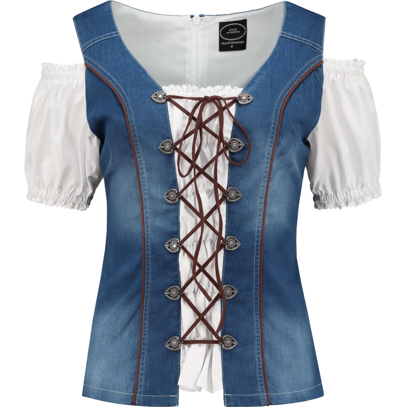 Dames Tiroler: Trachtenmieder Jeans mit Herz-knöpfen und Strass-Steinen