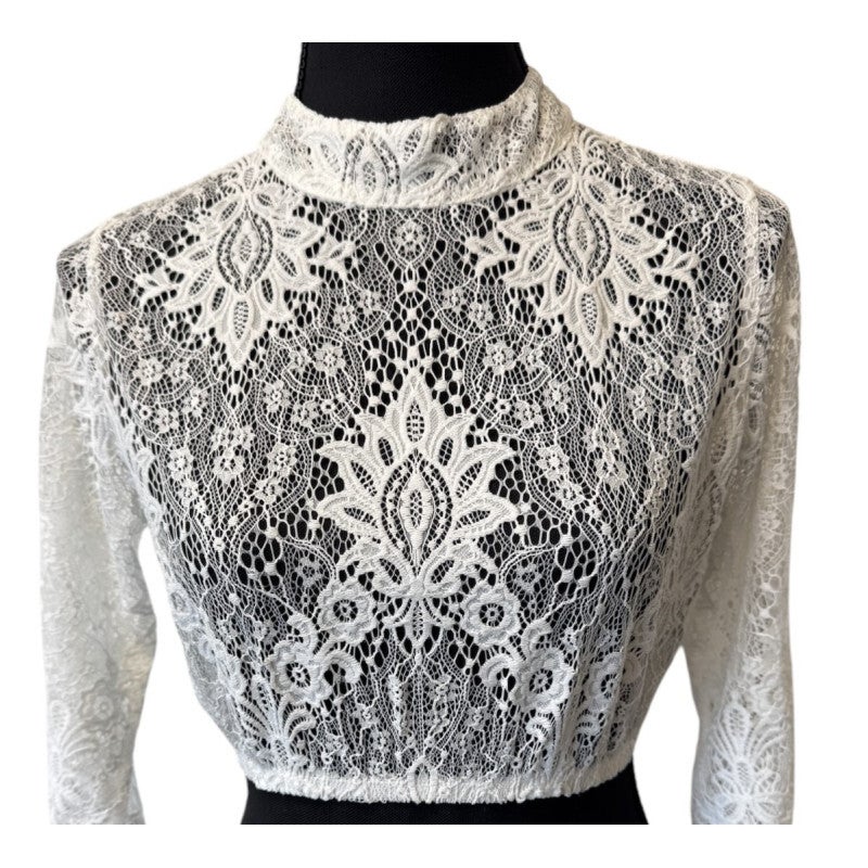 Dames Tiroler: Dirndl blouse Spitze, hochgeschlossen, creme, Blumenmotiv