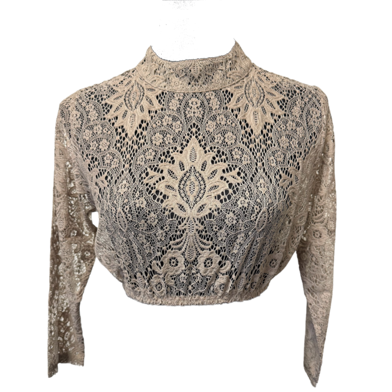 Dames Tiroler: Dirndl blouse Spitze, hochgeschlossen, kaffeecreme, Blumenmotiv