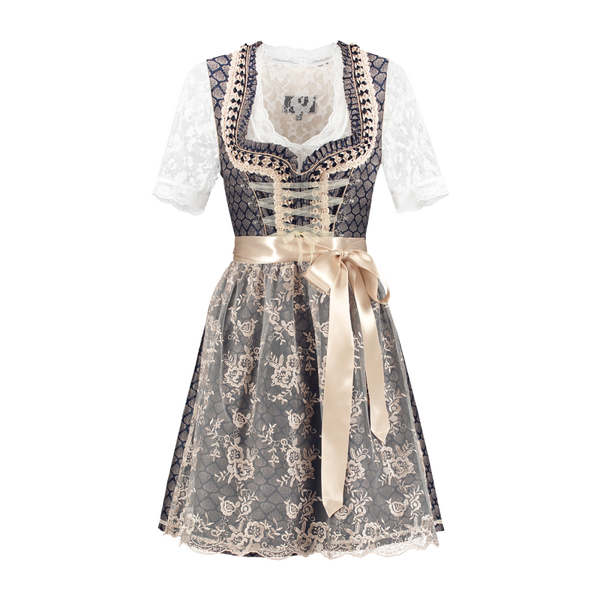 Dames Tiroler: Dirndl 2-tlg., blau/creme, Spitzenschürze