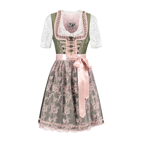 Dames Tiroler: Dirndl 2-tlg., grün/altrosa, Spitzenschürze