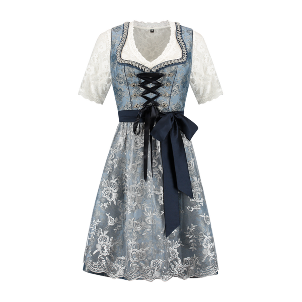 Dames Tiroler: Dirndl 2-teilig, blau/Blumen, Spitzenschürze