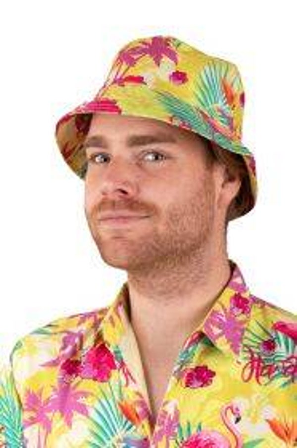 Hawaï: Vissershoedje Hawaiiprint geel