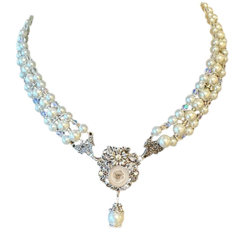 Sieraden: Parelketting weiß, mit Strass-Steinen