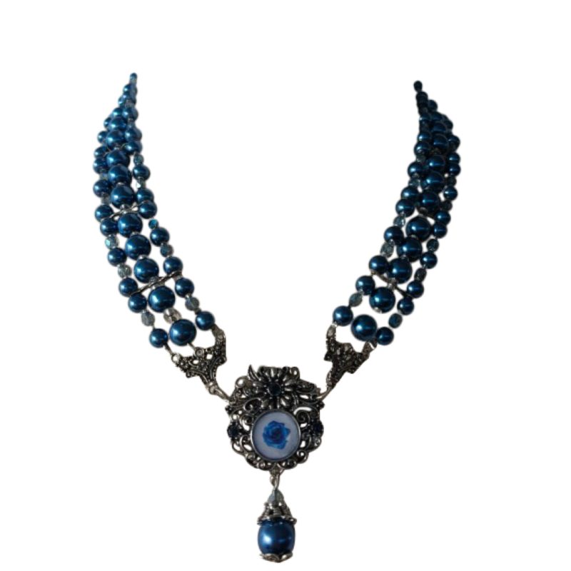 Sieraden: Parelketting dunkelblau, mit Strass-Steinen