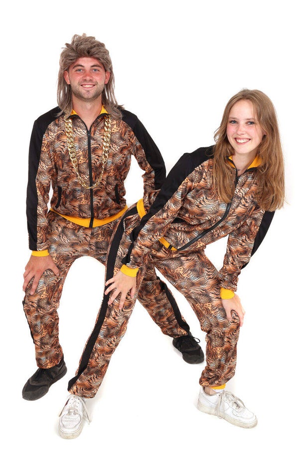 Dames/Heren Disco, Glitter & Fout: Trainingspak Tijger Bruin