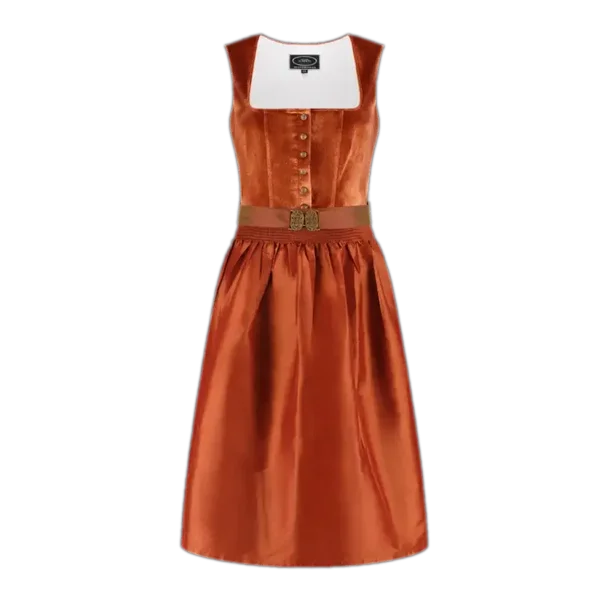 Dames Tiroler: Dirndl, tweedelig, jacquard, cognacbruin velours, 70 cm, met pofmouwen en ritssluiting aan de voorkant.