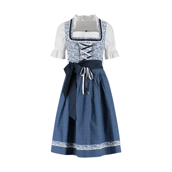 Dames Tiroler: Dirndl, 3-delige set, katoen, blauw, bloemen-/stippenprint