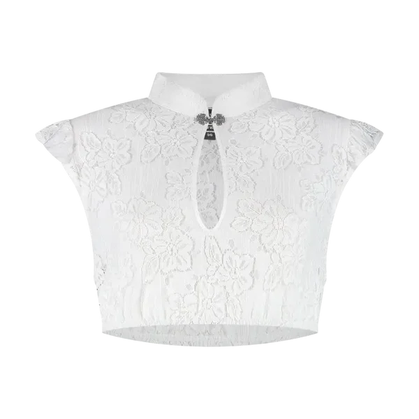 Dames Tiroler: Dirndlblouse met kant, wijdvallende mouwen en metalen sluiting.