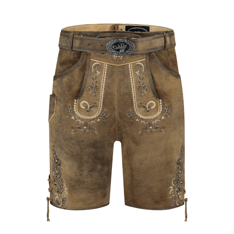 Lederhosen broek met riem, eiken antiek, GEITENLEER  H 5250